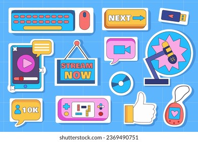 Game set in cartoon design. Its lively, colorful style and intricate design elements enhance gaming visuals, creating a visually engaging environment for players to enjoy. Vector illustration. svg