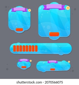 Game Set Of Different  Buttons  Bars And Popup Windows With Ribbon Header  In Blue Sky Cloud Fairy Abstract  Color Juicy Colorful Vector Design