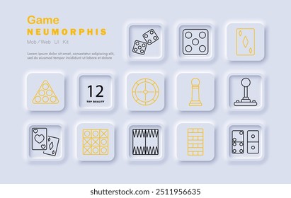 Icono del juego. Juegos de Tablero, dados, tarjetas, juegos de estrategia, actividades de ocio, iconos de juego, estilo neomorfo, entretenimiento