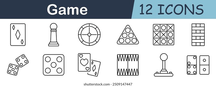 Icono del juego. Dados, tarjeta, ajedrez, ruleta, piscina, damas, tic-tac-toe, dominó, backgammon, joystick, tablero, juego, estrategia, ocio, Ocio, diversión, clásico, diversión