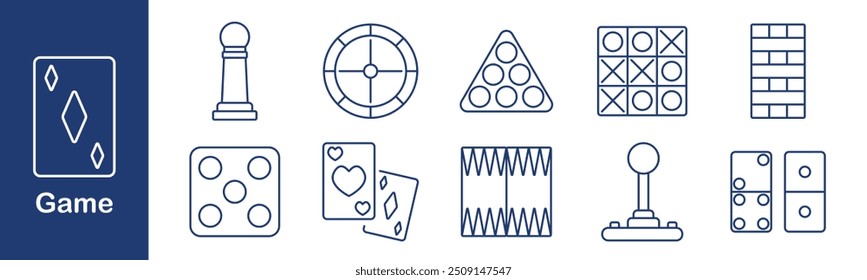 Icono del juego. Dados, tarjeta, ajedrez, ruleta, piscina, damas, tic-tac-toe, dominó, backgammon, joystick, tablero, juego, estrategia, ocio, Ocio, diversión, clásico, diversión