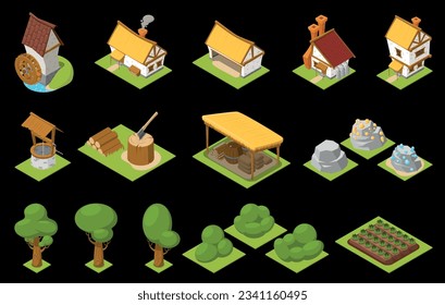 Game set isometric icon set houses with yellow and brown roofs trees and bushes beds vector illustration