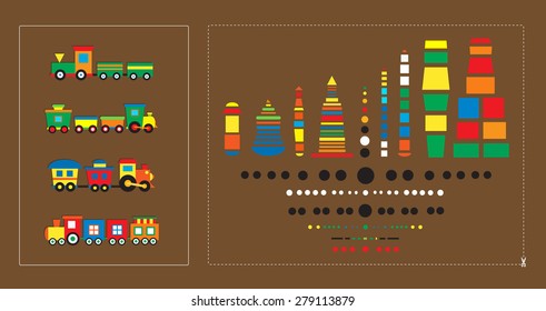 Game set of locomotives for children's lessons with geometric shapes