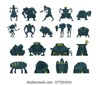 Game set. Monsters or virus, houses and characters. Extraterrestrial beings