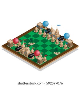 Game set. Stylized chess pieces on the board. Isometric. Vector illustration.