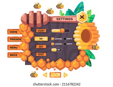Game set user interface of honey bee setting menu window mobile application design graphic