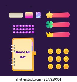 Game Set Wooden Buttons , Note Book  Sheet , Bookmarks Icons , Golden Coins ,  Cute Cartoon Colorful Vector Design