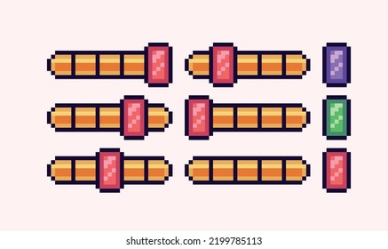 Game settings slider bar pixel art set. Switch panel and button collection. 8 bit sprite. Game development, mobile app.  Isolated vector illustration.