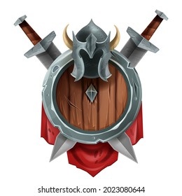 Game shield badge vector award icon, knight battle achievement trophy, Viking helmet, sword, flag. Heraldic coat of arms level up UI label on white, medieval warrior emblem. Game shield rating logo