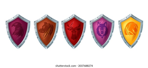 Game shield vector eSport illustration set, UI medieval knight armor, battle achievement badges. RPG league team coat of arms, warrior trophy award concept, animal mascots logo. Metal game shield