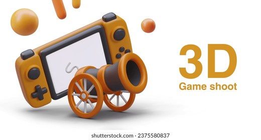 Concepto de rodaje de juegos. Consola de juego realista, cañón de rueda. Elección de armas para una batalla virtual. Juego de disparos. Plantilla publicitaria sobre fondo blanco, lugar para texto