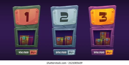 Game shop banners, wooden boards with gold, silver and bronze plates, treasure chests and buy buttons. Vector cartoon design interface elements with assets for mobile game