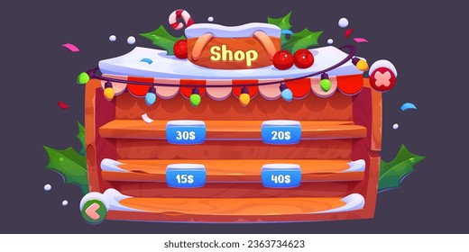 Game shop Christmas interface - cartoon vector ui snowy wooden rack with shelves and prices. Empty store panel. Fantasy showcase with snow and holly plant. Xmas gui design of retail displays. svg