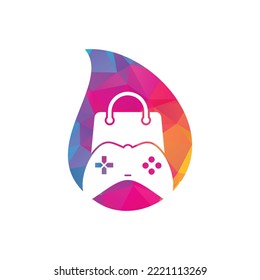 Game shop drop shape concept vector logo. design. Shopping bag combination joystick icon vector design.