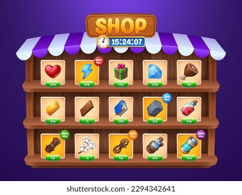 Game shop frame with assets on wooden shelves. Vector cartoon illustration of heart, gift box, diamond, golden bar, elixir bottle, cotton flower, rope, magic book icons. User interface element design