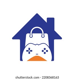 Game shop home shape concept vector logo. design. Shopping bag combination joystick icon vector design.