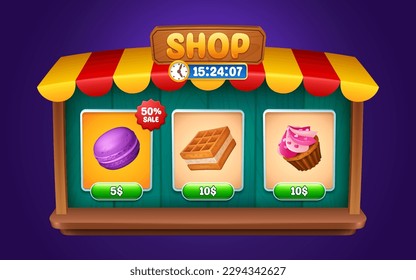 Game shop with items icons and buttons. UI frame for game store interface with cute cake, macaron and sweet waffles, vector cartoon illustration isolated on background