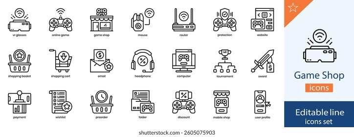 Game Shop Line Icons Collection. Gaming, Console, , and Digital Store Outline Icons. Editable Stroke, Vector Illustration.
