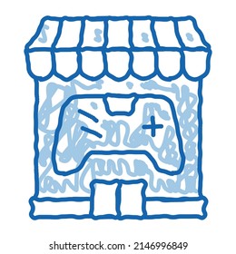 vector de icono de esbozo de tienda de juegos. Señal de la tienda de arte de la línea de doodle azul dibujada a mano. ilustración de símbolo aislado