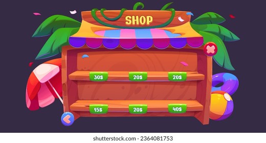 Game shop ui interface wood shelf icon cartoon. Gui mobile wooden frame design with exit button, palm, umbrella and lifebuoy. Beach empty store menu illustration. Videogame board screen banner