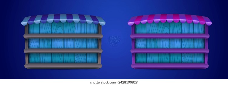 Game shop windows set isolated on background. Vector realistic illustration of empty wooden shelves decorated with color striped canopy, mobile app ui design elements, videogame level store mockup