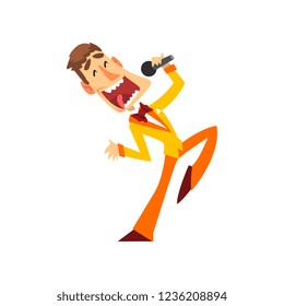 Game show host, joyful man with microphone vector Illustration on a white background
