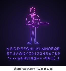 Game Show Host Neon Light Icon. Quiz Master. Emcee, Announcer. Showman, Journalist Or Comedian. Trivia Contest. Glowing Sign With Alphabet, Numbers And Symbols. Vector Isolated Illustration