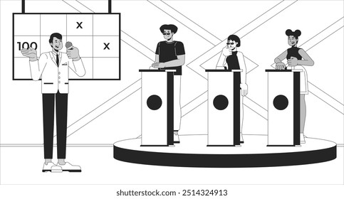 Espectáculo de juego en TV ilustración de línea en blanco y negro. Micrófono anfitrión, participantes detrás de los zumbadores de empuje de fondo monocromo de caracteres 2D. Los juegos de entretenimiento muestran el esquema de transmisión de la Imagen de Vector