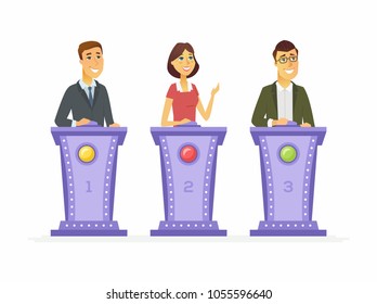 Game show players - cartoon people character isolated illustration on white background. Three young smiling female and male participants in a TV program, answering questions at a stand with buttons