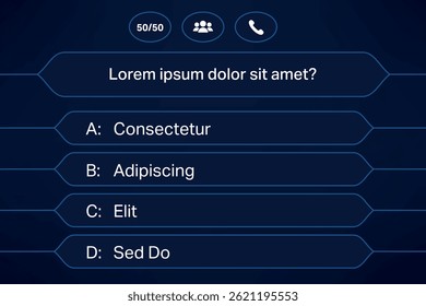 Game show question graphic with four answer choices and lifeline icons in top corner.