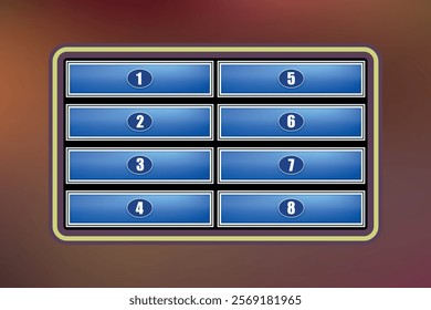 Game show scoreboard with blue panels displaying answers, points, and a total score on red background.