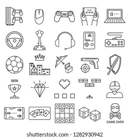 Game Signs Black Thin Line Icon Set Include of Computer, Element Sport, Toy, Gaming Device and Controller. Vector illustration of Icons