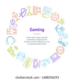 La plantilla de diseño de redondeo de iconos de línea delgada incluye el equipo, el elemento deportivo, el juguete, el dispositivo de juegos y el controlador. Iconos ilustrados por vectores