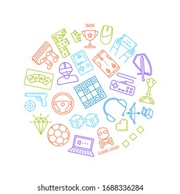 Game Signs Thin Line Round Design Template Banner Include of Computer, Element Sport, Toy, Gaming Device and Controller. Vector illustration of Icons