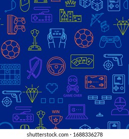 Game Signs Thin Line Seamless Pattern Background Include of Computer, Element Sport, Toy, Gaming Device and Controller. Vector illustration of Icons