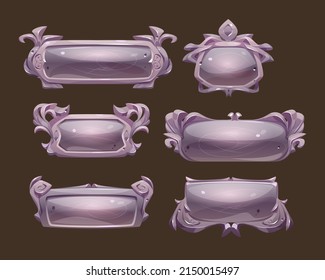 Game silver buttons with fantasy frames in medieval style. Vector cartoon set of rpg game user interface elements with empty old metal banners with fancy borders