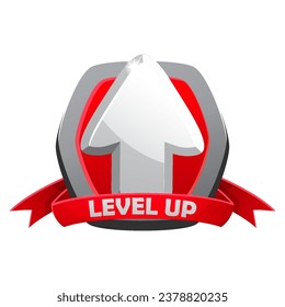 Game silver level up badge and win icon, shield banner of completed level, vector UI sign. Level up icon with a silver shield