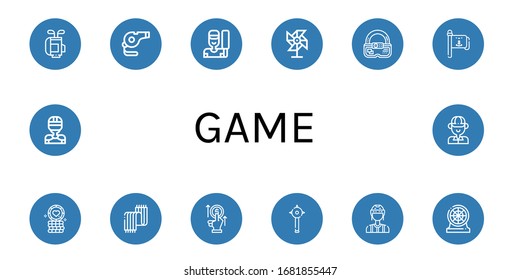 game simple icons set. Contains such icons as Golf bag, Whistle, Cricket, Pinwheel, Ar, Flag pole, Poker chip, Scarf, Bet, Mace, Referee, can be used for web, mobile and logo