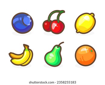Game or slot-machine icons of fruits for your app. Bright remarkable UI elements. Good for animation. Lemon, banana, cherry and others. Vector illustration for your business.