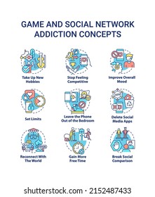 Game and social network addiction concept icons set. Obsession with virtual world idea thin line color illustrations. Isolated symbols. Editable stroke. Roboto-Medium, Myriad Pro-Bold fonts used