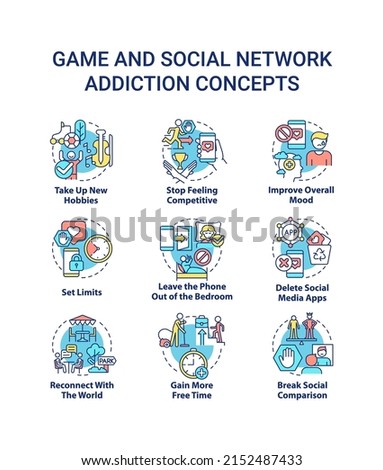 Game and social network addiction concept icons set. Obsession with virtual world idea thin line color illustrations. Isolated symbols. Editable stroke. Roboto-Medium, Myriad Pro-Bold fonts used