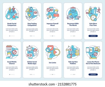 Game and social network addiction onboarding mobile app screen set. Walkthrough 5 steps graphic instructions pages with linear concepts. UI, UX, GUI template. Myriad Pro-Bold, Regular fonts used