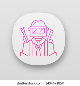 Game soldier app icon. Player with weapon in safety gear. Virtual game inventory. Player in protective helmet with guns. UI/UX user interface. Web or mobile application. Vector isolated illustration