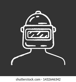 Game soldier chalk icon. Player, soldier, warrior protective gear. Virtual video game inventory. Safety equipment. Welder headgear. Welding helmet. Isolated vector chalkboard illustration