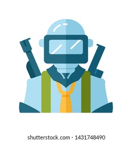 Game soldier flat design long shadow color icon. Player with weapon in safety gear. Virtual game inventory. Shooter from first person. Player in protective helmet. Vector silhouette illustration