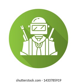 Game soldier flat design long shadow glyph icon. Player with weapon in safety gear. Virtual game inventory. Shooter from first person. Player in protective helmet. Vector silhouette illustration