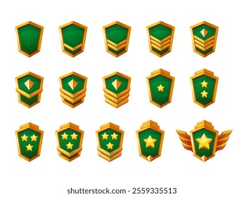 Game soldier insignia. Military rank badges, army police officer chevron stripes general major sergeant captain uniform patch symbol logo shooter gaming swanky vector illustration original artwork