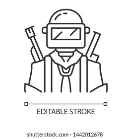 Game soldier linear icon. Player with weapon in safety gear. Player in protective helmet with guns. Thin line illustration. Contour symbol. Vector isolated outline drawing. Editable stroke
