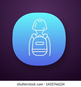 Game soldier with tactical backpack app icon. Player with game inventory. Warrior, soldier in helmet and rucksack. UI/UX user interface. Web or mobile application. Vector isolated illustration
