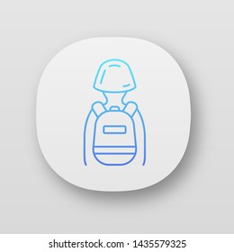 Game soldier with tactical backpack app icon. Player with game inventory. Warrior, soldier in helmet and rucksack. UI/UX user interface. Web or mobile application. Vector isolated illustration